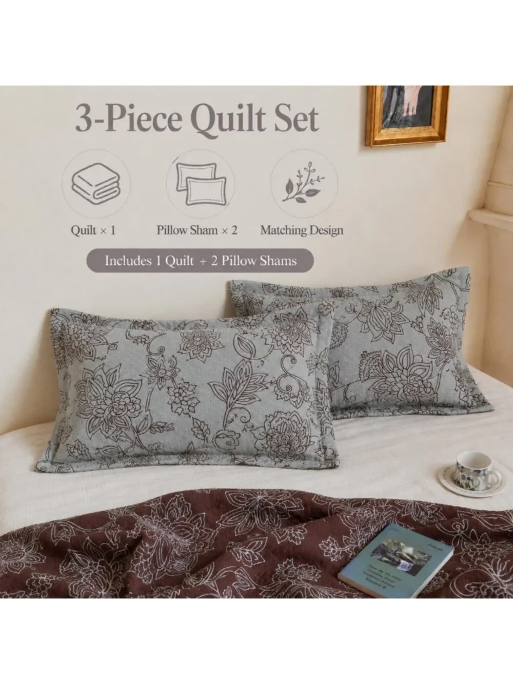 100% Cotton Vintage Floral Quilt Set - Reversible Bedspread with 2 Pillow Shams